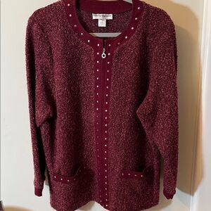 Cathy Daniels Maroon Bouclé Zip Cardigan with Stud Trim